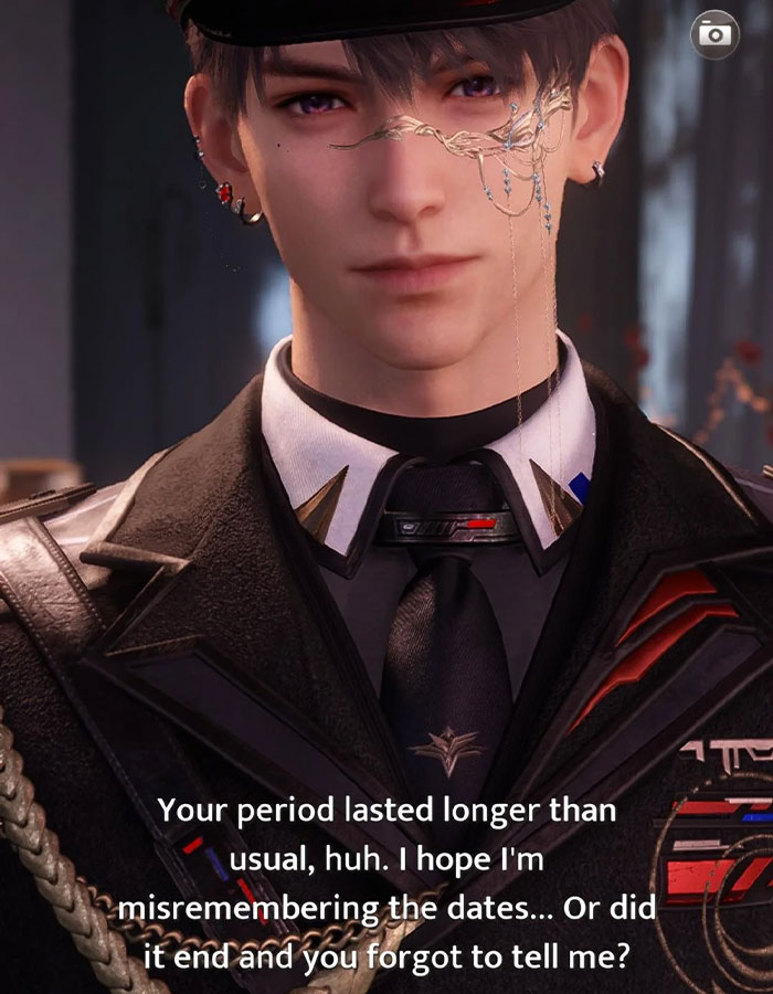 Animated character discussing a period tracker in a mobile game, sparking debate among women.