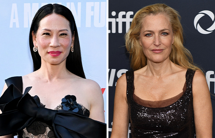 Lucy Liu and Gillian Anderson attend separate red carpet events, wearing stylish evening gowns.