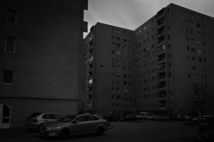 Hungary's panel buildings in a monochrome setting, showcasing their architecture and urban environment.