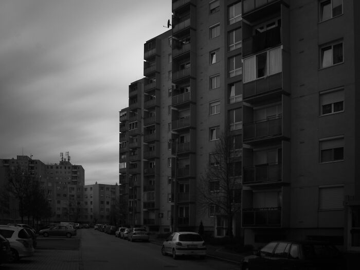 Hungary's panel buildings in a residential street, captured in a monochrome setting, with parked cars lining the road.