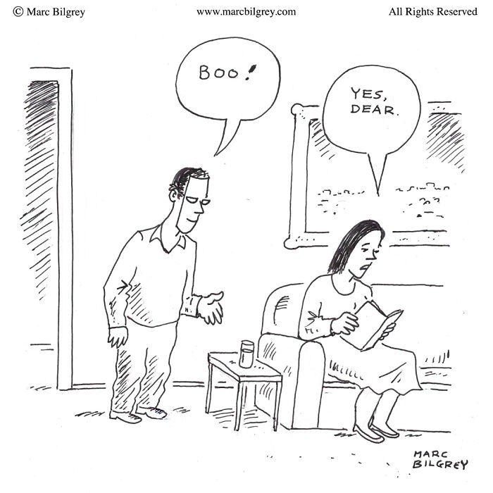 A witty one-panel cartoon by Marc Bilgrey shows a man saying "Boo!" to a woman who replies, "Yes, dear."