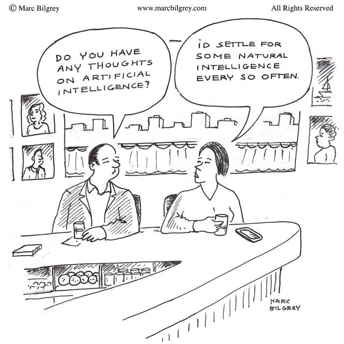 Cartoon by Marc Bilgrey showing a witty take on everyday life with two people discussing artificial and natural intelligence at a bar.