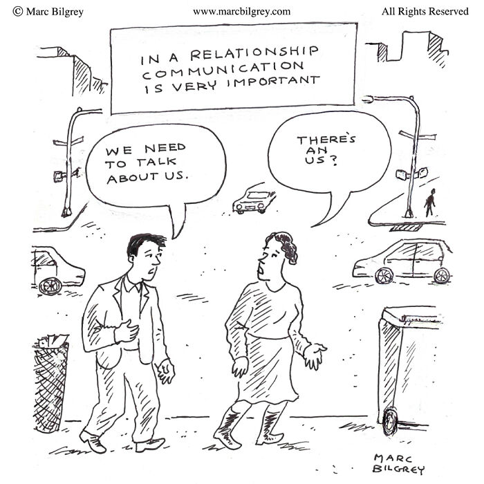 Cartoon by Marc Bilgrey depicting a couple discussing their relationship with a humorous twist.
