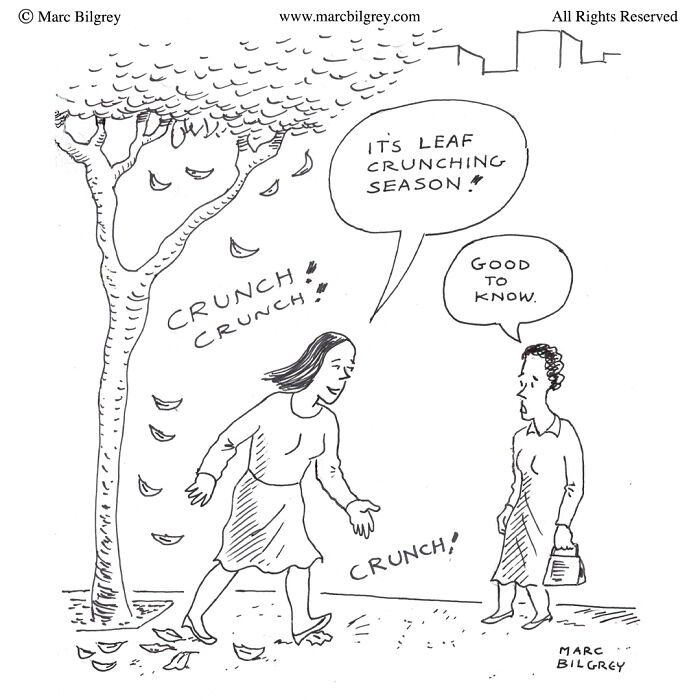 Cartoon by Marc Bilgrey showing a woman enjoying leaf crunching season, offering a witty take on everyday life.