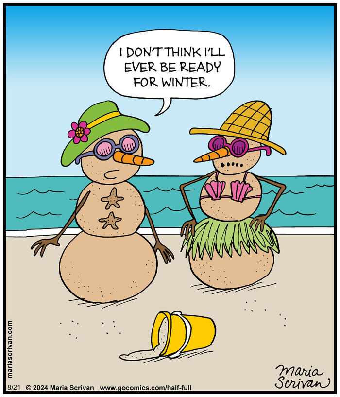 Cartoon snowmen on a beach wearing summer outfits, with absurd humor in a comic by Maria Scrivan.