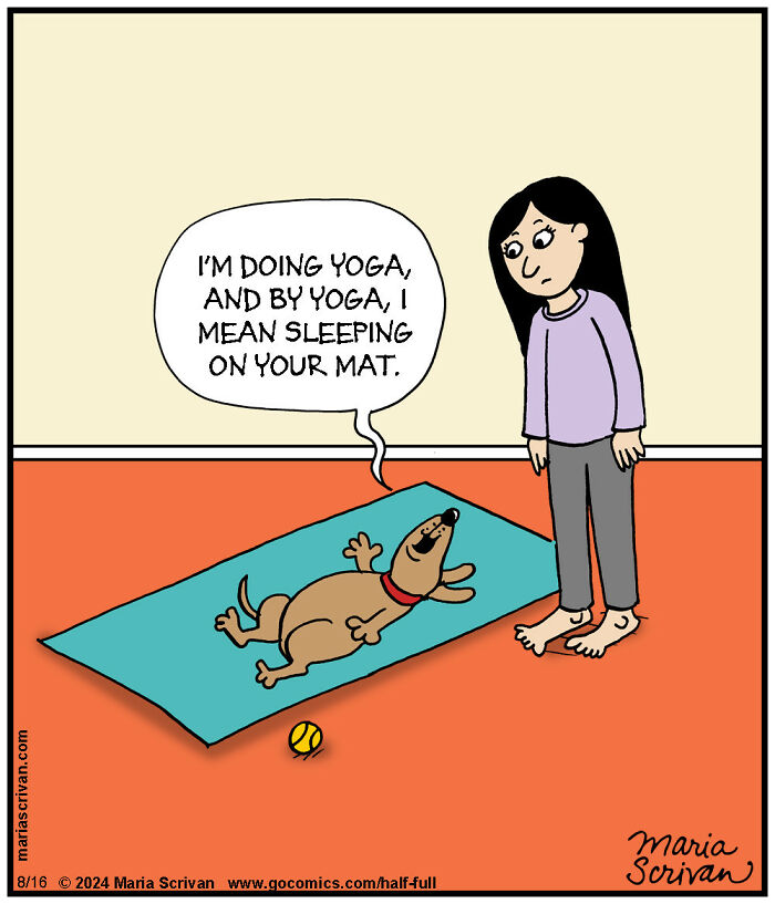 Dog humorously "doing yoga" by napping on a yoga mat, observed by a woman. Maria Scrivan comic.