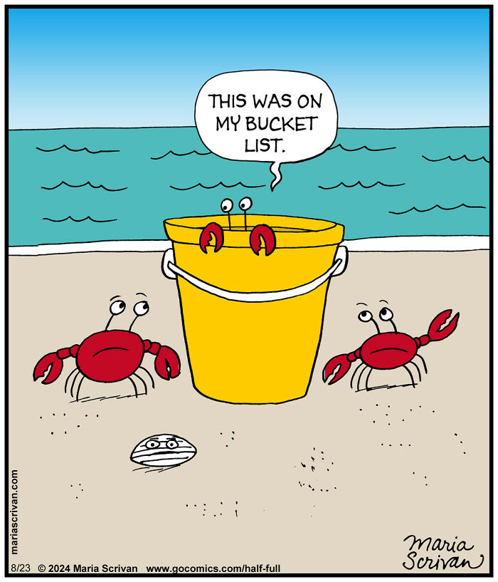Crabs with a yellow bucket and text balloon, showcasing absurd humor by Maria Scrivan.