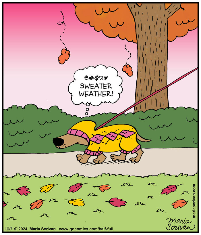 A dog in a sweater with a thought bubble saying "Sweater Weather," illustrating absurd humor by Maria Scrivan.