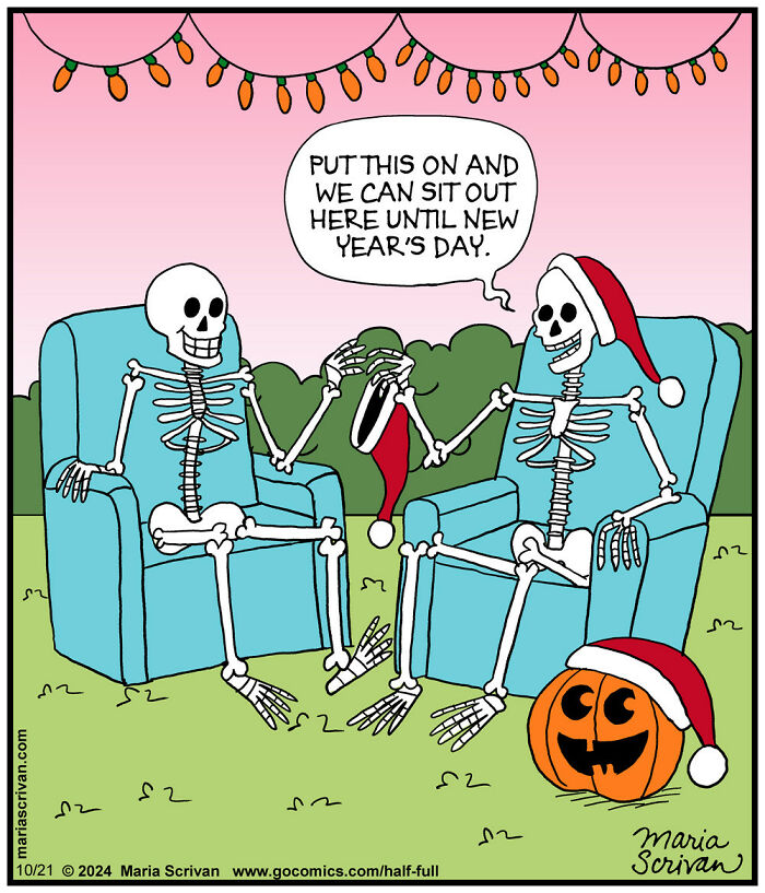 Skeletons in chairs with Santa hats, sharing absurd humor by Maria Scrivan.