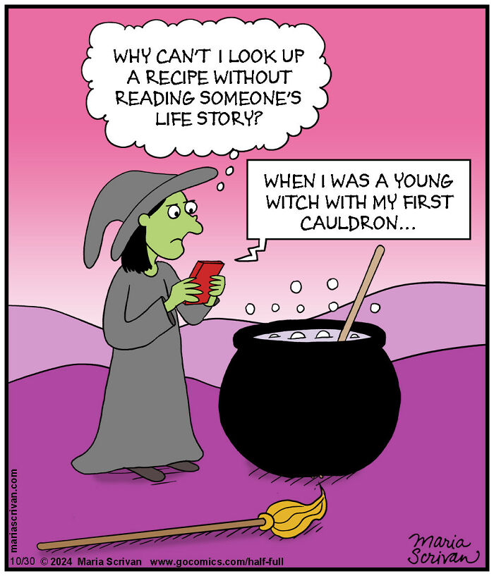 A witch reads a phone and stirs a cauldron, illustrating absurd humor in a comic by Maria Scrivan.