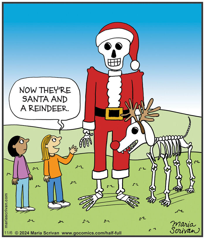 Comic by Maria Scrivan featuring absurd humor: a skeleton dressed as Santa with a reindeer skeleton.