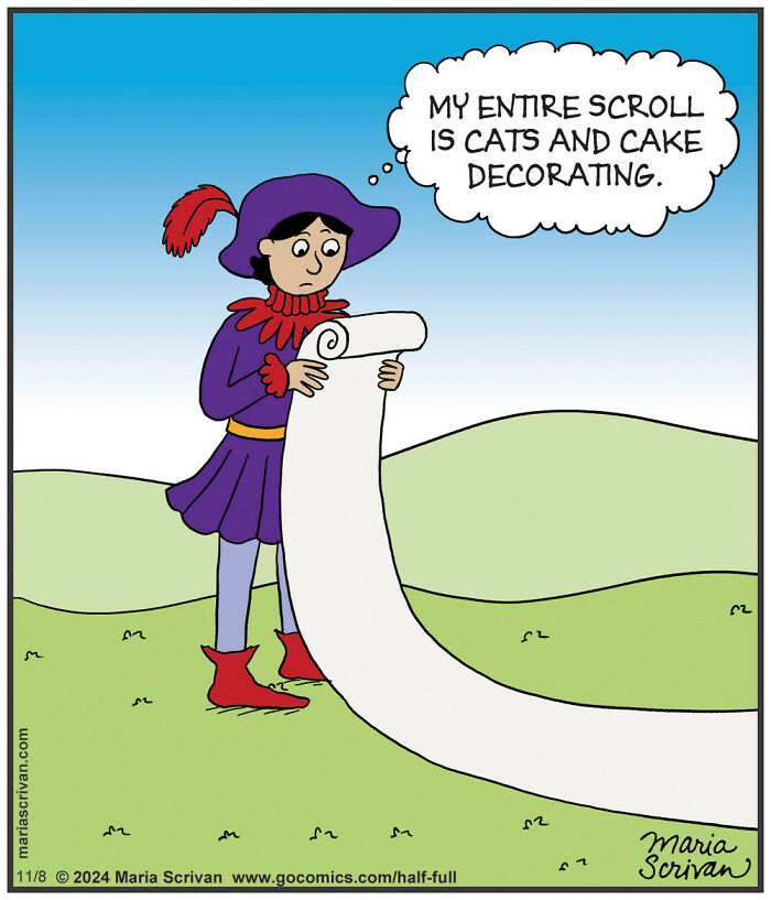 Comic character holding a scroll with humorous text about cats and cake decorating.