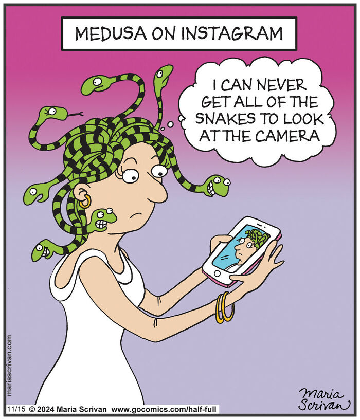 Medusa struggles with selfie, capturing absurd humor by Maria Scrivan.