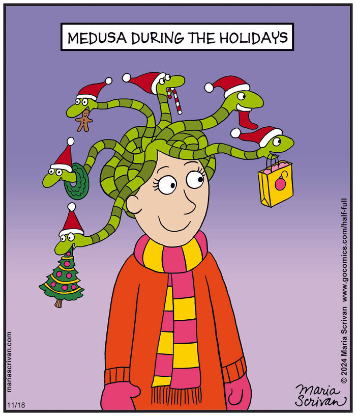 Comic by Maria Scrivan featuring Medusa with festive decorations on her snakes during the holidays.