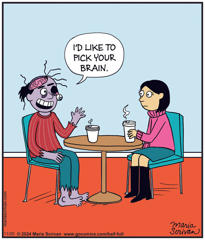 Zombie with exposed brain humorously asks to "pick your brain" in a comic by Maria Scrivan.