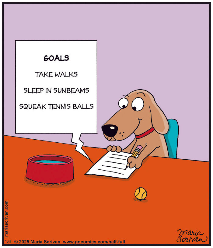 Dog making goals list with absurd humor by Maria Scrivan, featuring funny tasks like squeaking tennis balls.