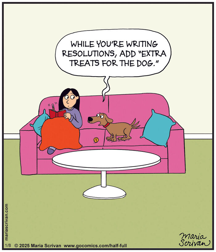 Woman and dog on a pink couch discussing resolutions, comic by Maria Scrivan featuring absurd humor and funny situations.