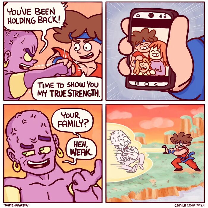 Comic by Matt Czap: A character reveals family photo as true strength, surprising the purple antagonist.