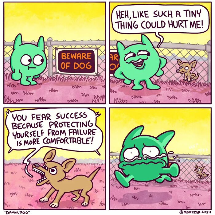 Clever comic by Matt Czap depicting a green character reacting to a small dog behind a “Beware of Dog” sign.
