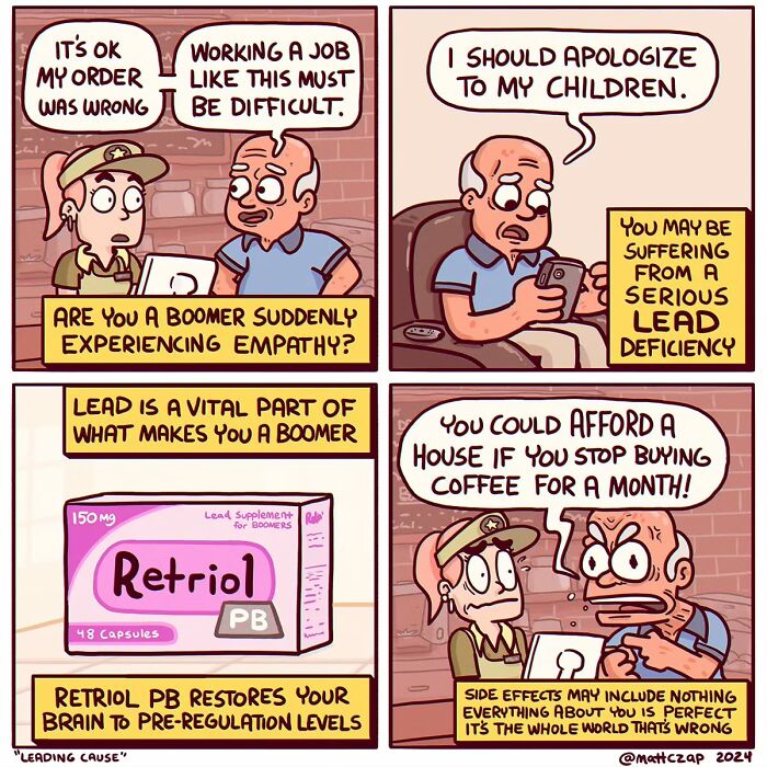 Clever Matt Czap comic discussing boomer empathy and humorous lead deficiency solution.