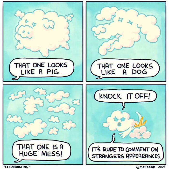 Comic by Matt Czap featuring talking clouds, humorously debating their shapes and appearances.