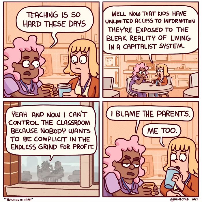 Two teachers in a comic discussing challenges of education and capitalism, drawn by Matt Czap.
