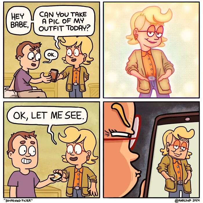 Comic by Matt Czap showing a humorous "boyfriend filter" scenario with a couple taking outfit photos.