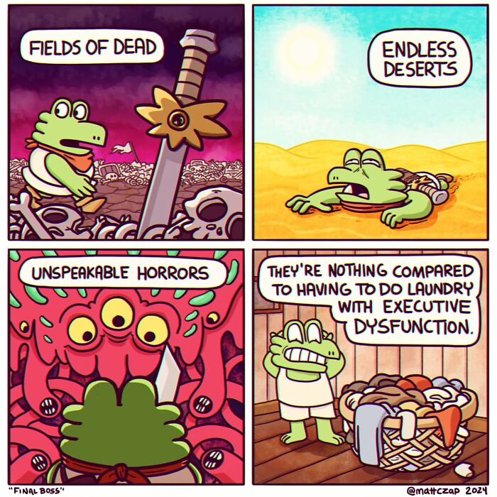 Comic by Matt Czap showing a frog facing challenges and doing laundry with executive dysfunction.