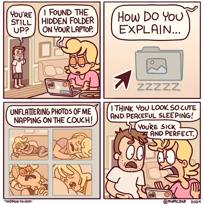 Comic by Matt Czap about hidden laptop folder with napping photos, featuring a humorous interaction between two characters.