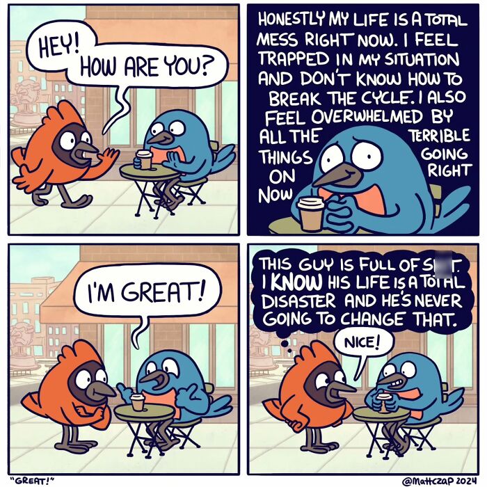Two birds at a cafe table in a comic by Matt Czap, one expresses hidden concerns.