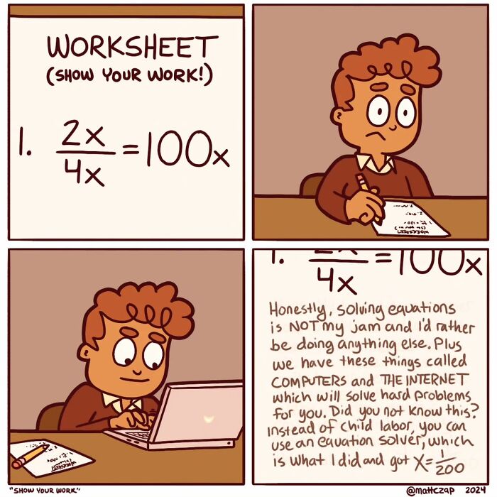Clever comic by Matt Czap showing a student humorously using a computer to solve math equations.
