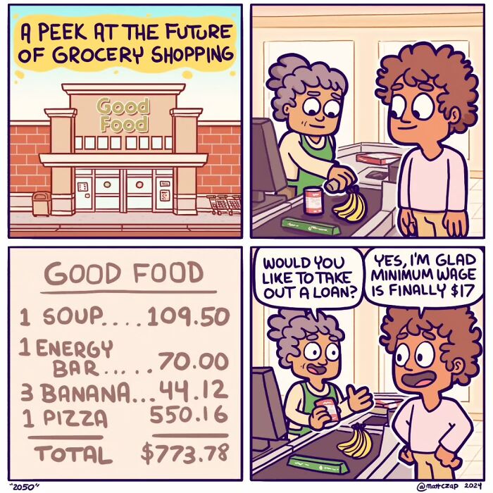 Clever comic by Matt Czap showing future grocery prices and a funny conversation at checkout.