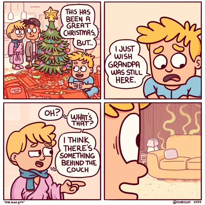 Comic by Matt Czap showing a Christmas scene with a boy wishing for his grandpa, then noticing something behind the couch.