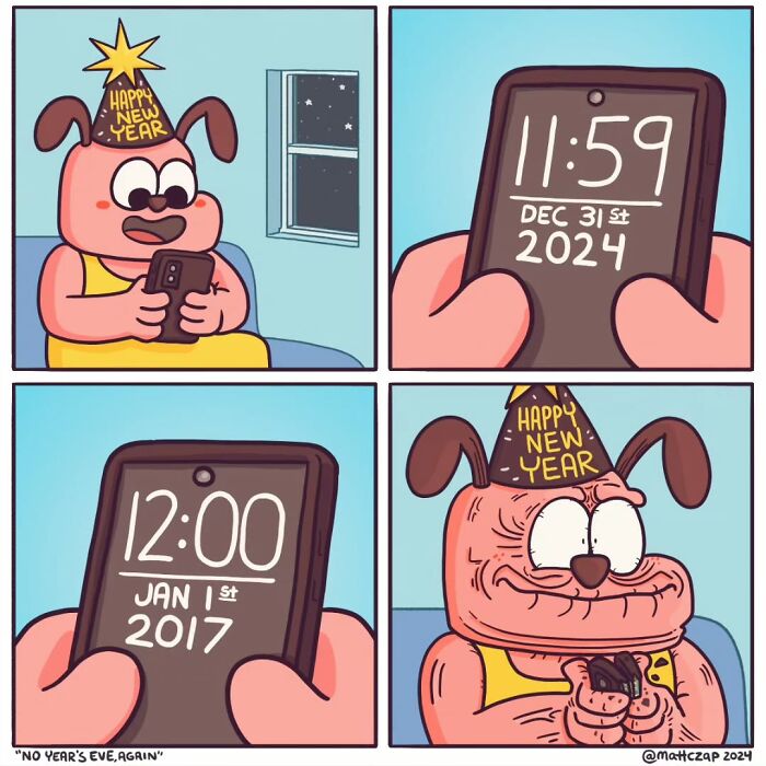 Cartoon dog wearing New Year hat, shocked as phone shows 2017 instead of 2025. Clever comic by Matt Czap.