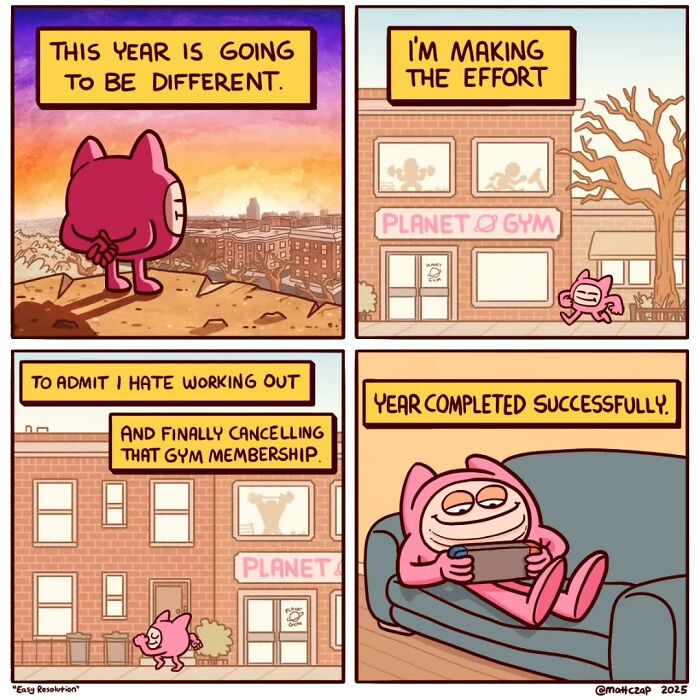Comic by Matt Czap showing a character humorously canceling a gym membership after resolving to change.
