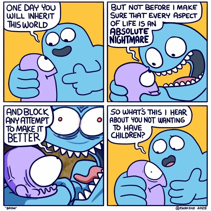 Clever comic by Matt Czap shows a humorous conversation about world inheritance and parenting.