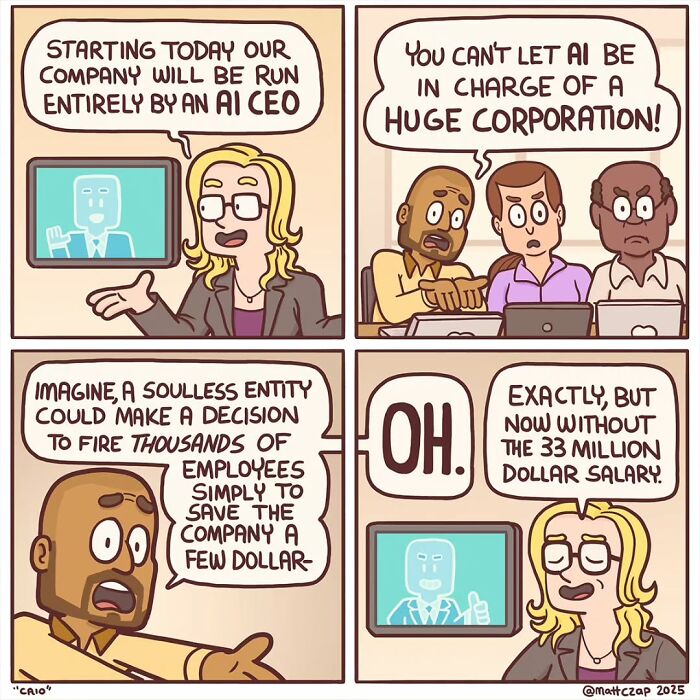 Comic by Matt Czap depicting a humorous scenario about an AI CEO in a corporate meeting.