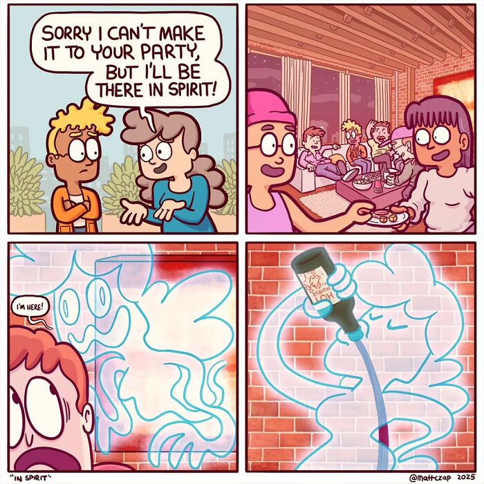 Comic by Matt Czap showing a character joking about attending a party "in spirit" as a ghost drinks at the gathering.