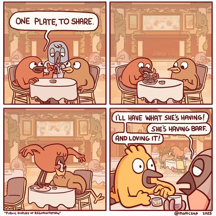 Clever comic by Matt Czap featuring cartoon birds humorously sharing a meal at a table.