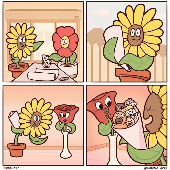 Clever comic by Matt Czap with animated flowers wrapping small human figures in paper, creating a humorous scene.