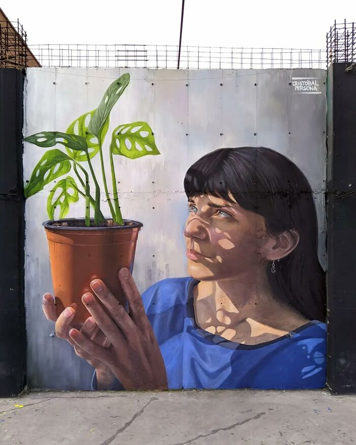 Chilean artist's mural of a woman admiring a potted plant, showcasing intricate details and vibrant colors.