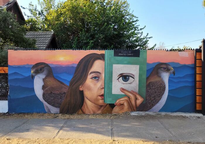 Chilean artist mural featuring a woman with birds, holding a book against a background of mountains and a sunset.