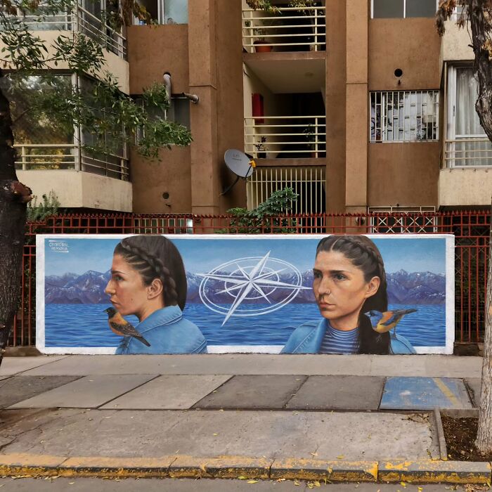 Chilean artist's mural of a woman with braided hair and birds, set against a backdrop of mountains and water.