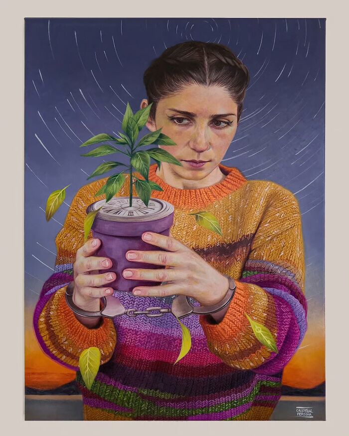 Chilean artist's mural of a person in a colorful sweater holding a potted plant with falling leaves.