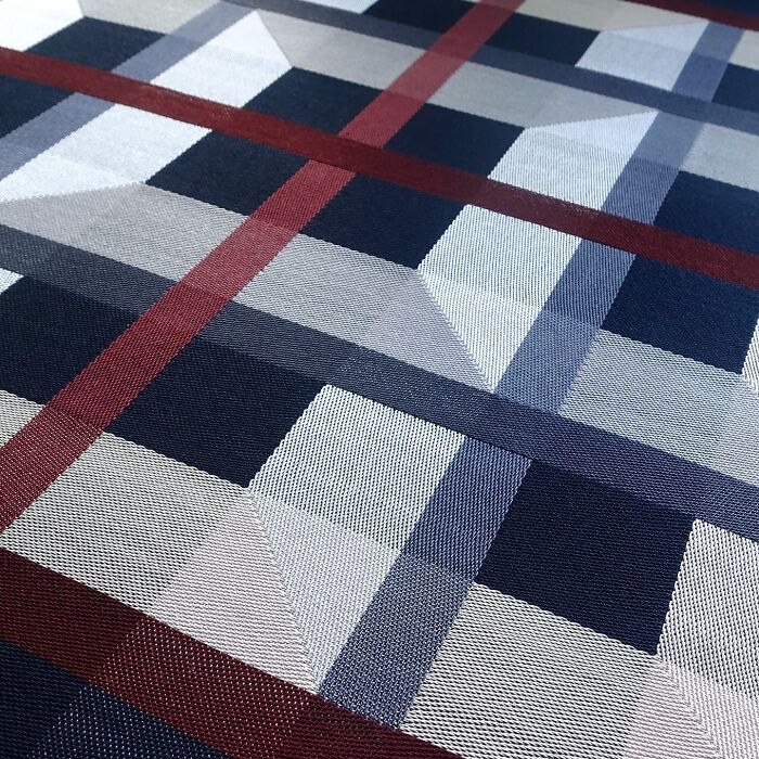 Intricate geometric weave art with optical illusions in shades of blue and red.