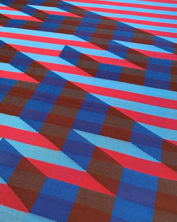 Intricate geometric weave art displaying red, blue, and brown patterns creating optical illusions.