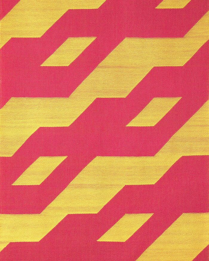 Intricate geometric weave art with red and yellow patterns creating optical illusions.