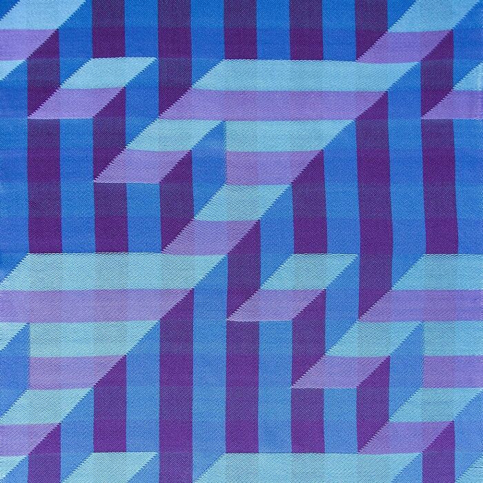Intricate geometric weave art in blue and purple creating optical illusions with a 3D effect.