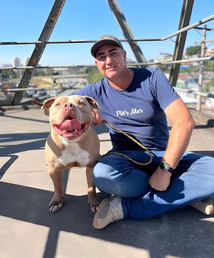 Man sitting with a happy pit bull on a rooftop, wearing a blue shirt and cap. Man sitting with a happy pit bull on a rooftop, wearing a blue shirt and cap.