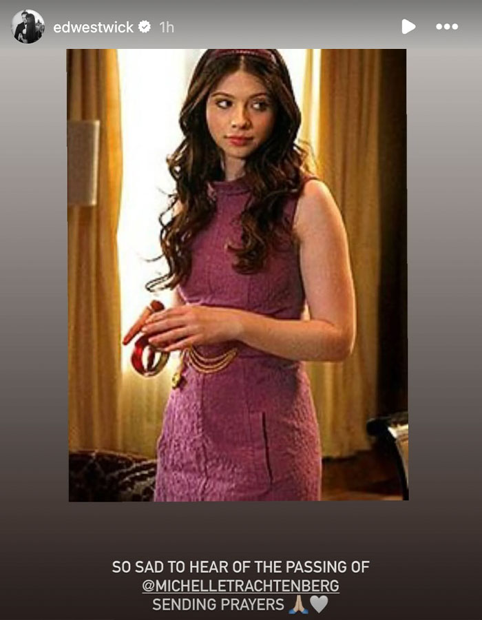 Woman in a purple dress, holding an object, with a message tagging Michelle Trachtenberg, expressing condolences. Woman in a purple dress, holding an object, with a message tagging Michelle Trachtenberg, expressing condolences.